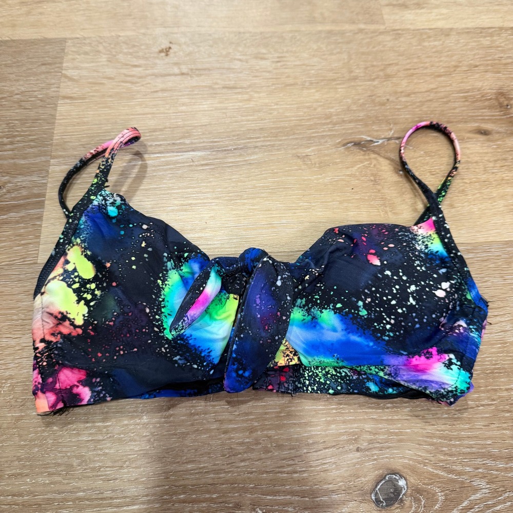 No Boundaries Galaxy Paint Splatter Bikini Top Neon Tie Front Black Small 3-5